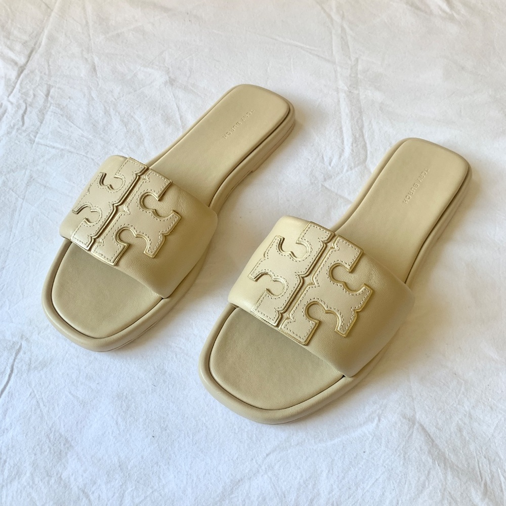 Tory Burch Double T Leather Sports Slides Dulce De Leche Gold 9.5